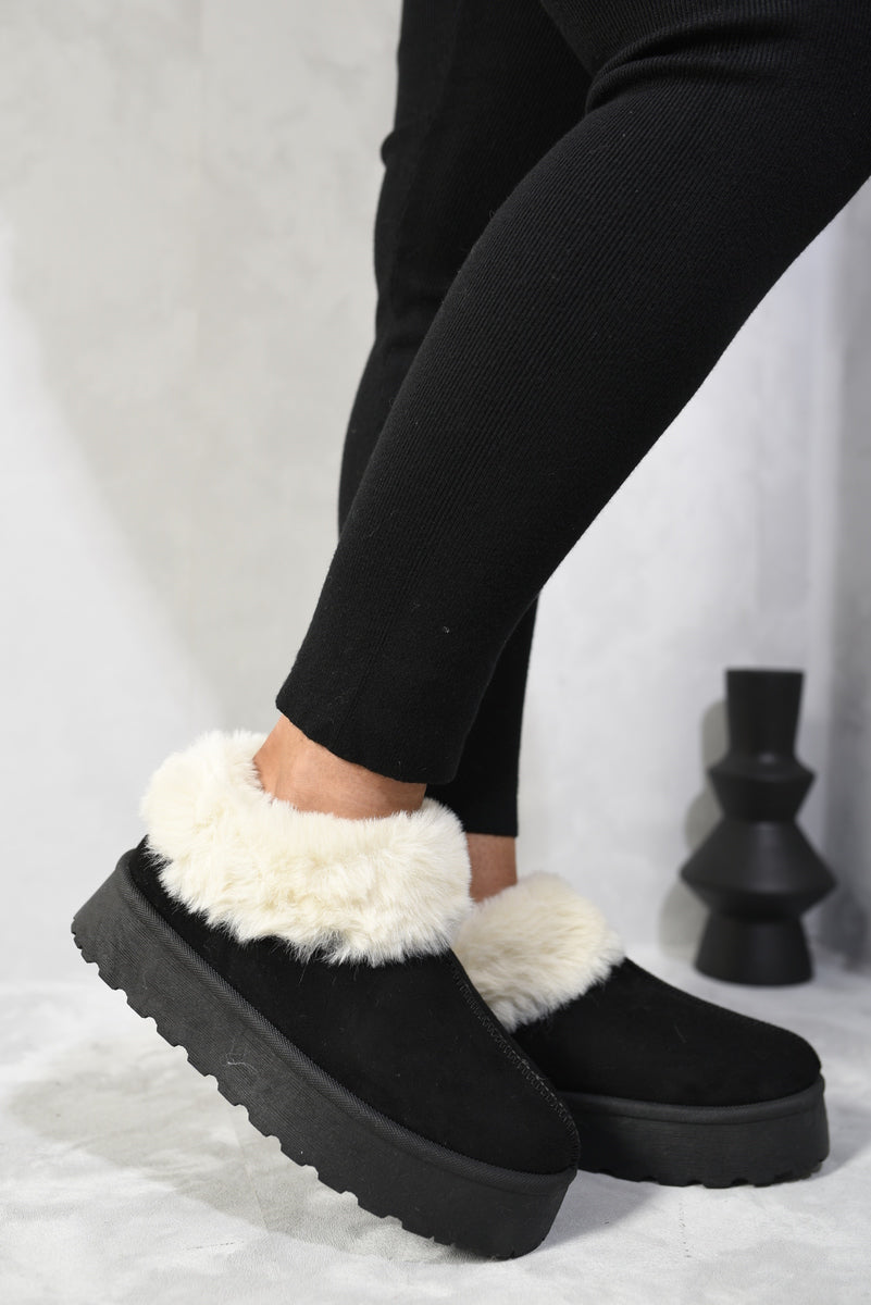 Faux Fur Trim Platform Ankle Boots