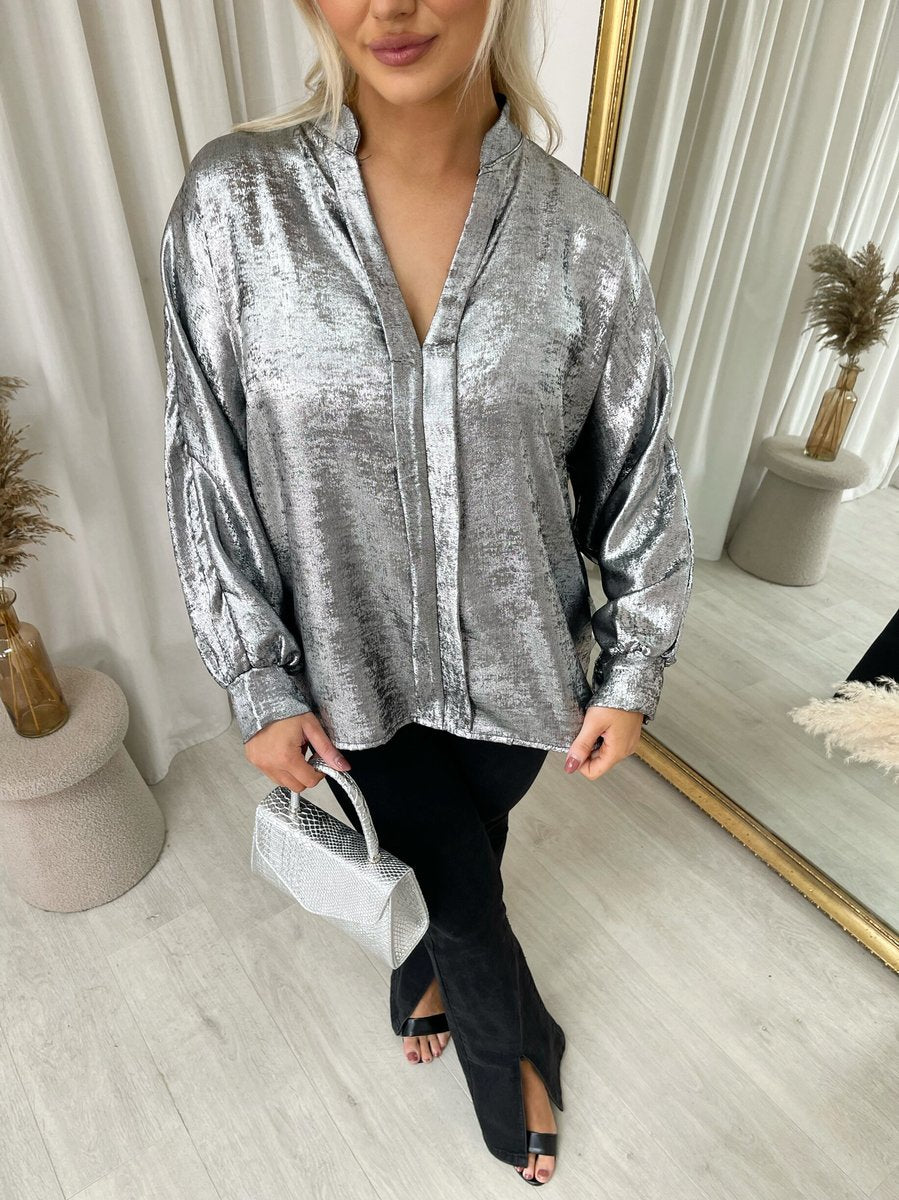 Metallic V-Neck Oversized Top